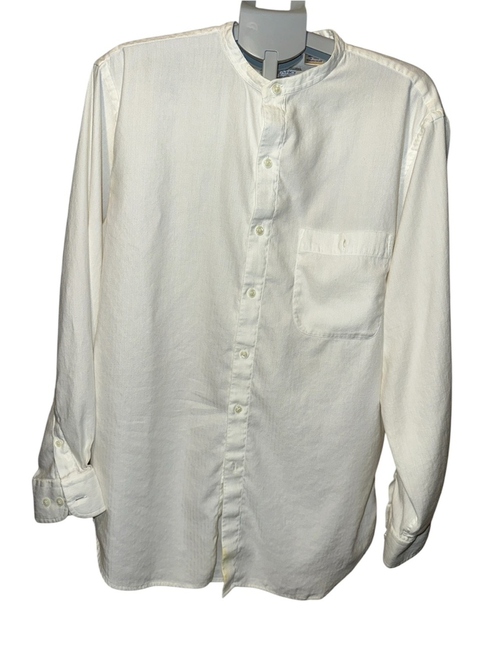 Murano Mens Band Collar L/S Button Up Shirt, White W/ White Stripes , Size L